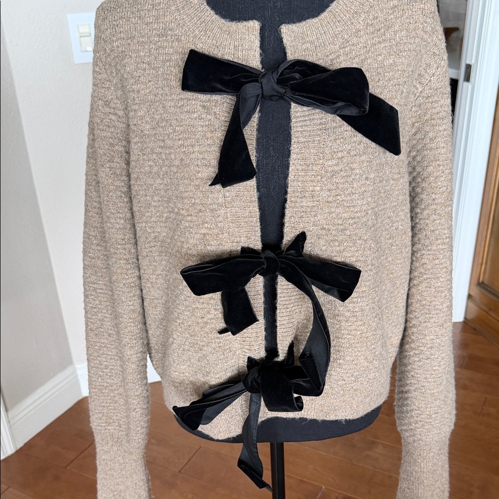 Womens Beige Knit Sweater with Black Velvet Bow Trim